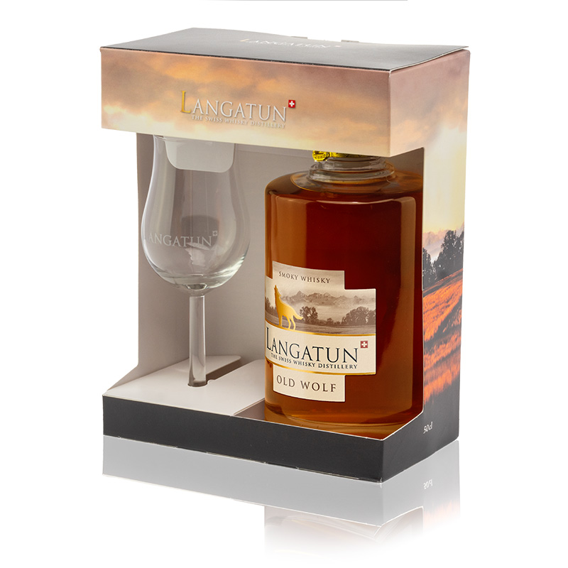 Langatun Old Wolf in Karaffe im Karton mit 1 Stielglas 46% - Single Malt Whisky